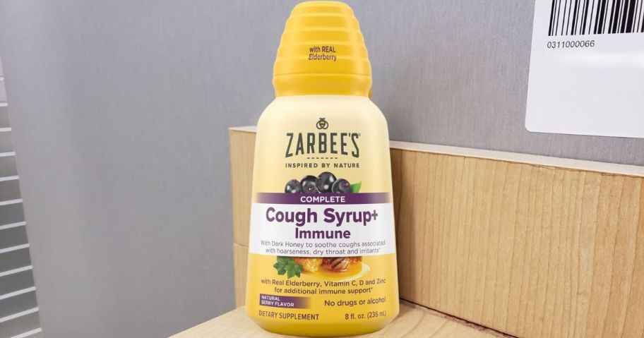 Zarbee's Adult Daytime Cough Syrup + Immune w/ Honey 8oz Bottle on counter