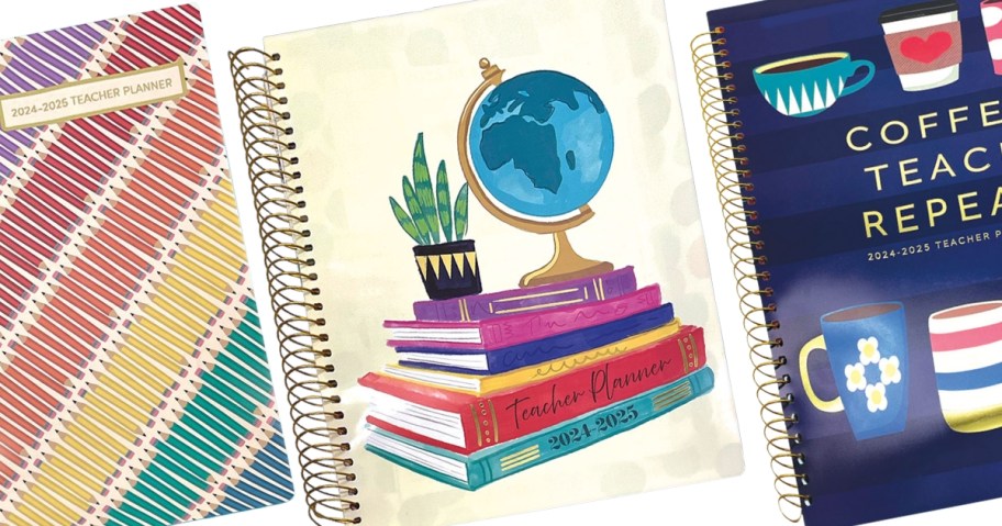 3 wire coil bound teacher planners with various school designs