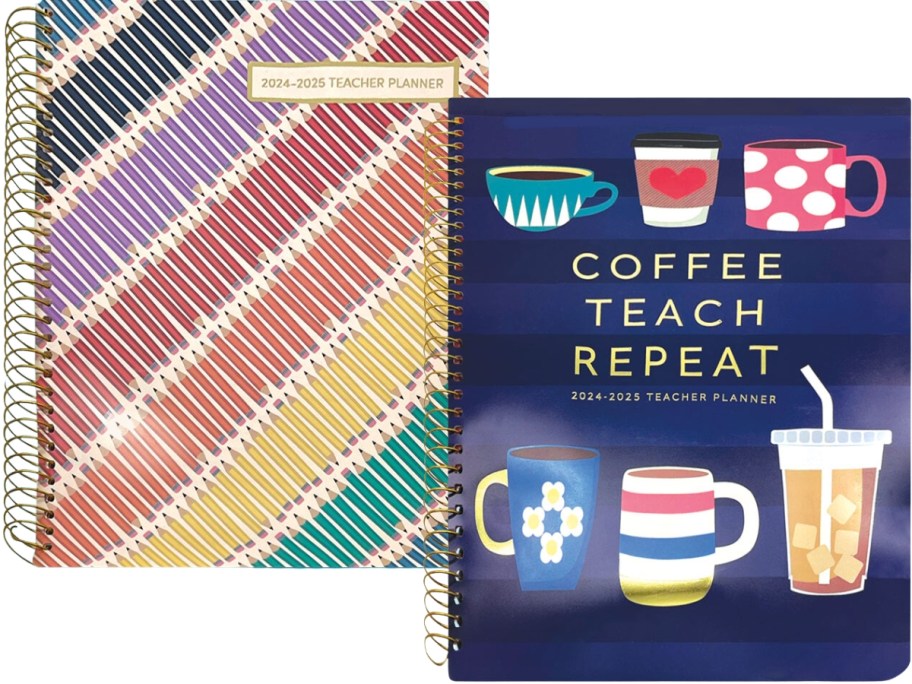 wire bound Teacher planners one with colorful pencils on the cover and one with coffee cups that says "Coffee, Teach, Repeat"