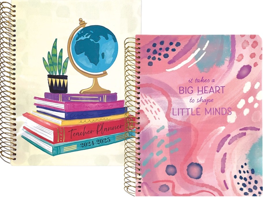 wire bound teacher planners one with a globe and school books on the cover, the other pink with a retro design and quote that says "It Takes a Big Heart to Shape a Little Mind"