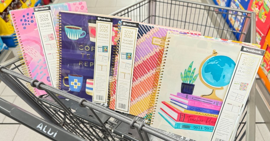 teacher planners with different cover designs in an ALDI shopping cart