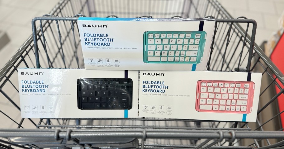 foldable bluetooth keyboards in packaging in a shopping cart