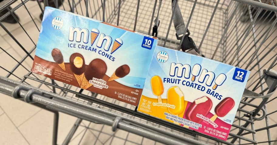 boxes of mini popsicles in a shopping cart