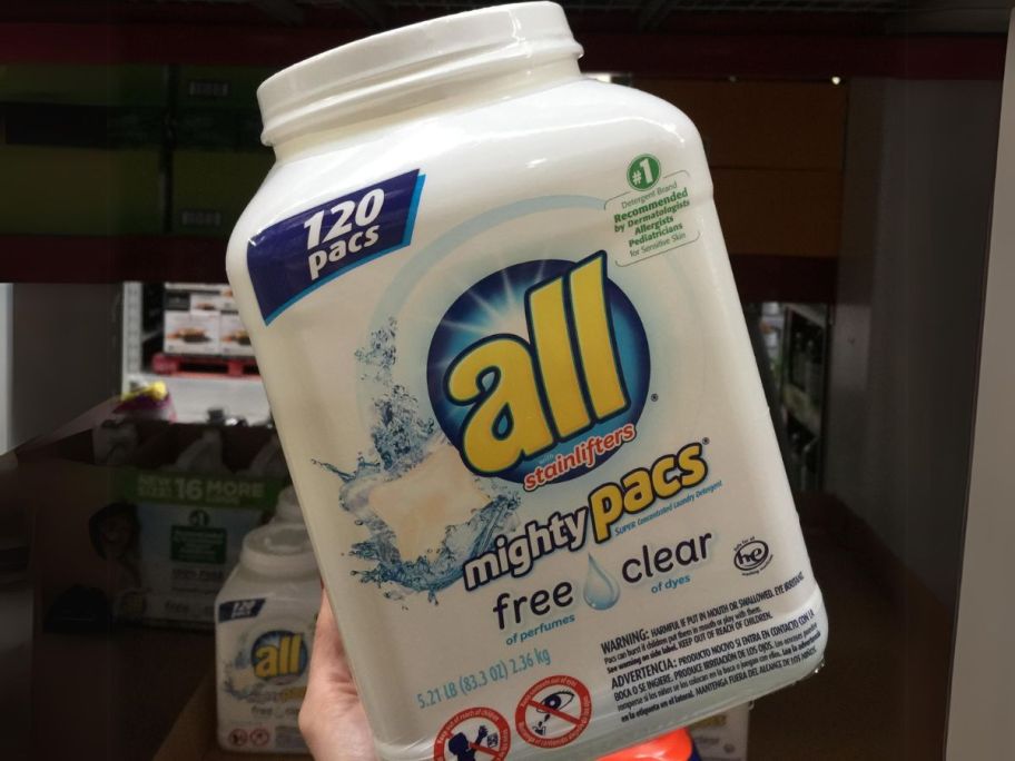 all free clear MIGHTY PACS Laundry Detergent Pacs 120-Count in hand in store