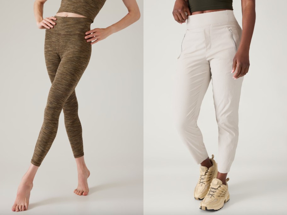 women in olive leggings and tan joggers