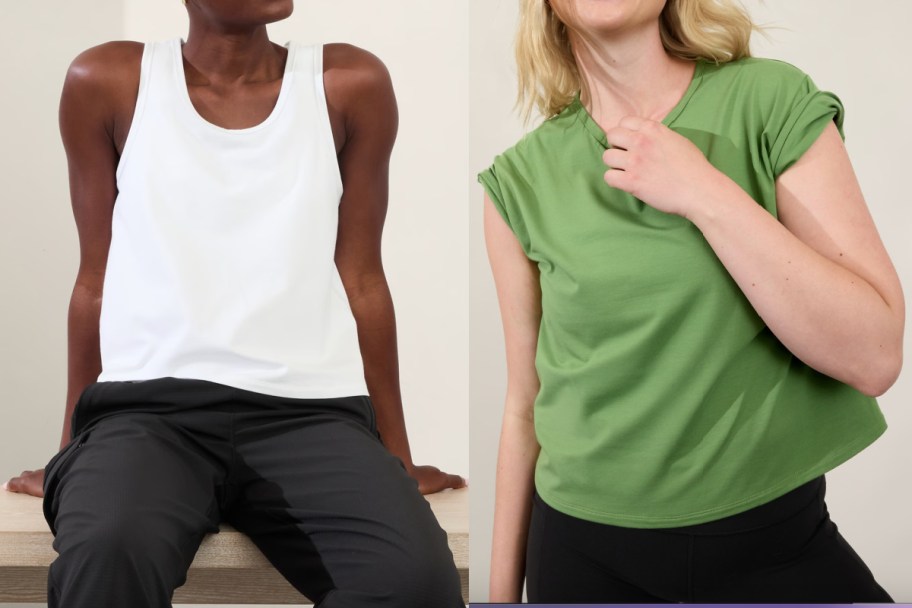 women in white tank and green tee