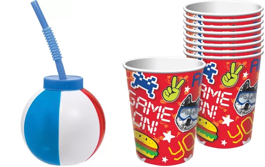 beach ball and party cups 