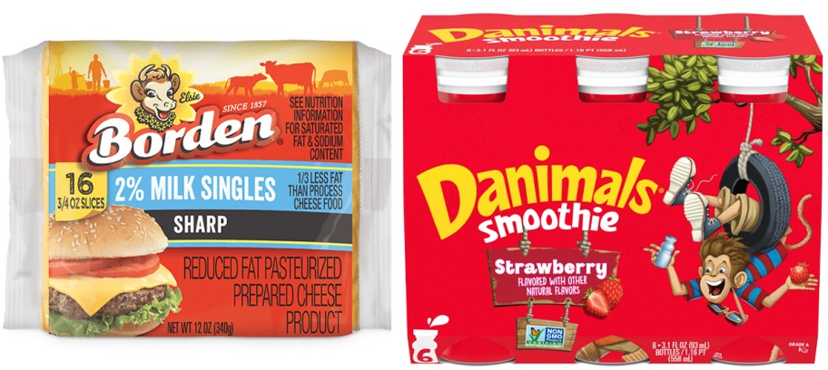 borden cheese singles pack and danimals smoothies 