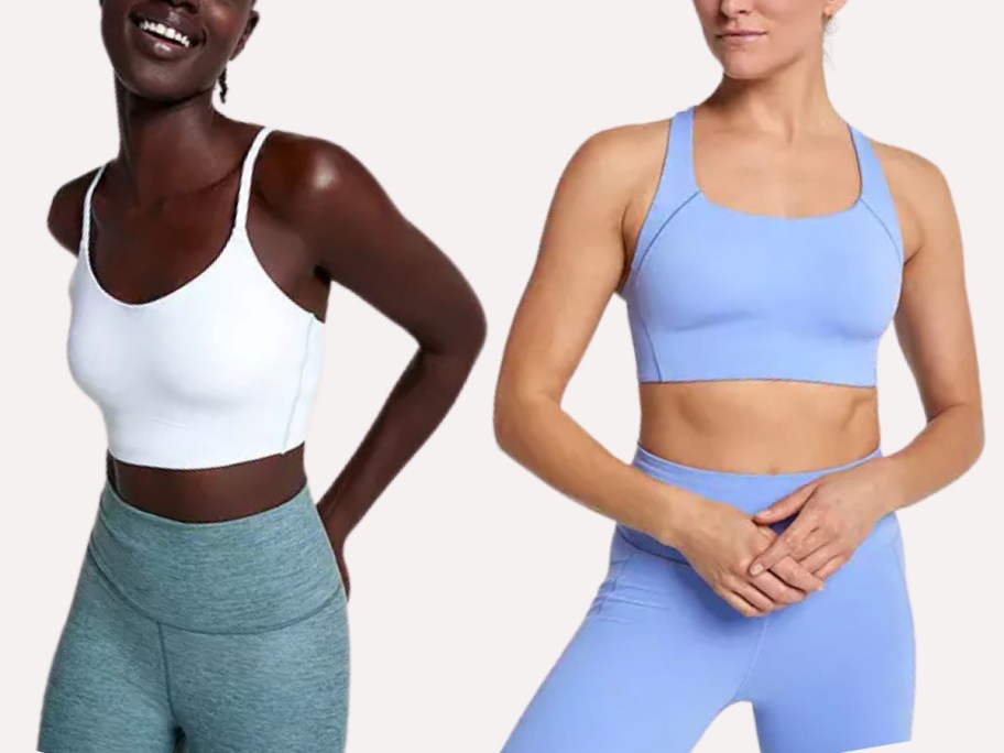 woman wearing a white sports bra and green leggings, woman wearing a light blue sports bra and leggings