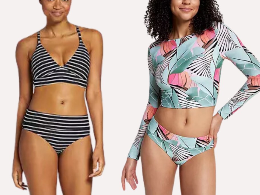 woman wearing a black and white stripe bikini and woman wearing a floral swimsuit