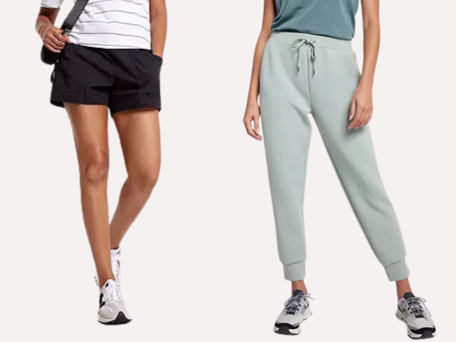 woman wearing black shorts and woman wearing light green joggers