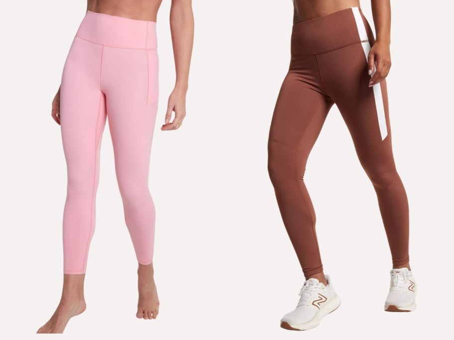 woman wearing pink leggings and woman wearing brown with a white stripe leggings