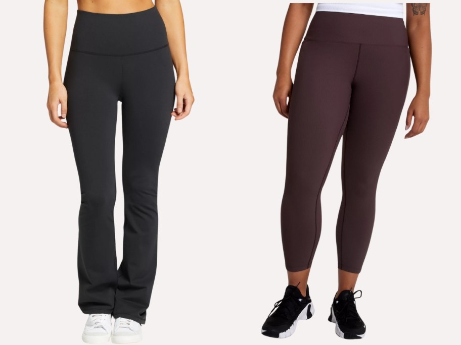 woman wearing black flare leggings and woman wearing dark brown leggings