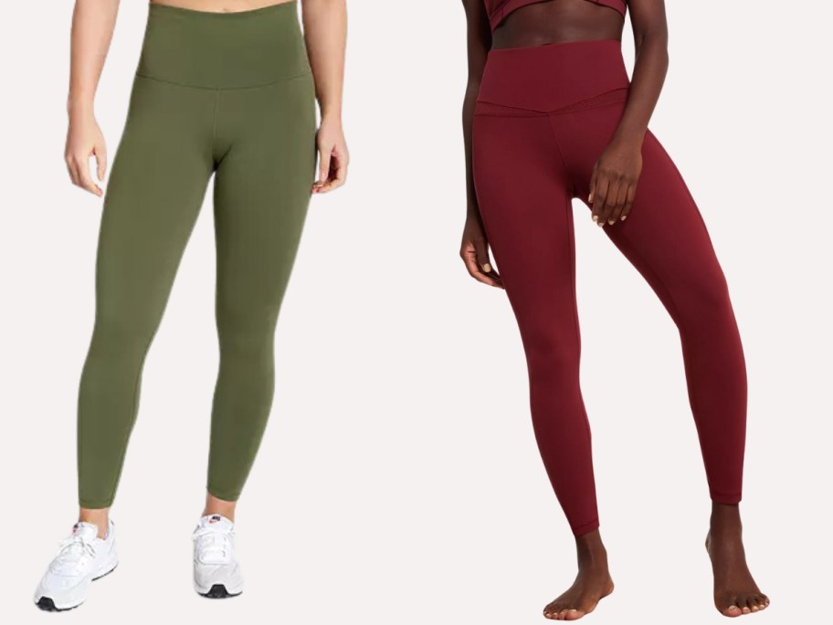 woman wearing olive green leggings and woman wearing dark red leggings