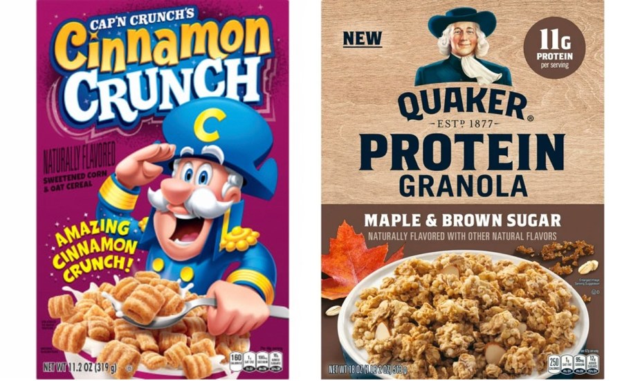cap n crunch cereal box and quaker protein granola box