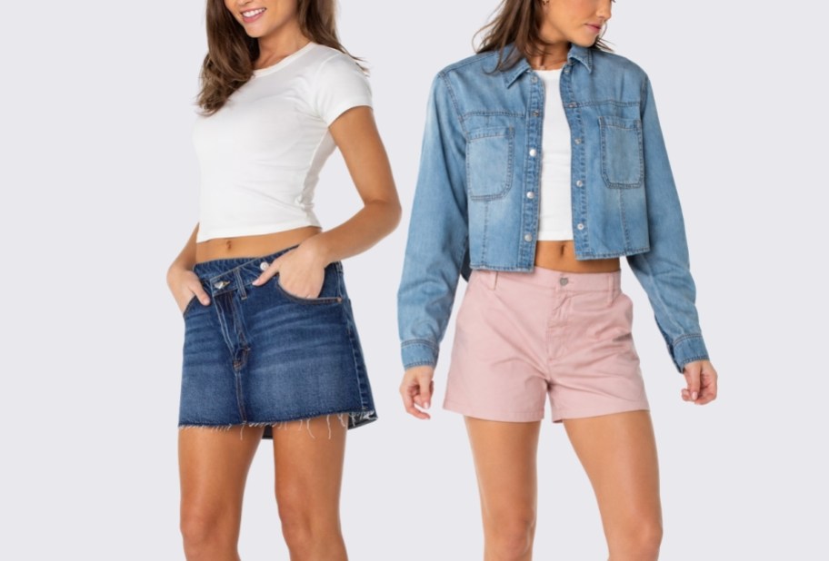 woman in a skort and a woman wearing a jacket and shorts