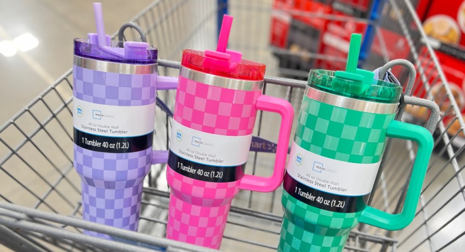 checkered tumbler in different color inside of walmart cart
