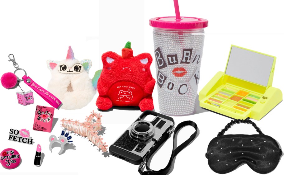 camera phone case, mask, lip gloss, tumbler, stuffed animal, keychain, pins and more