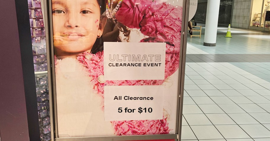 claires clearance event ad in mall