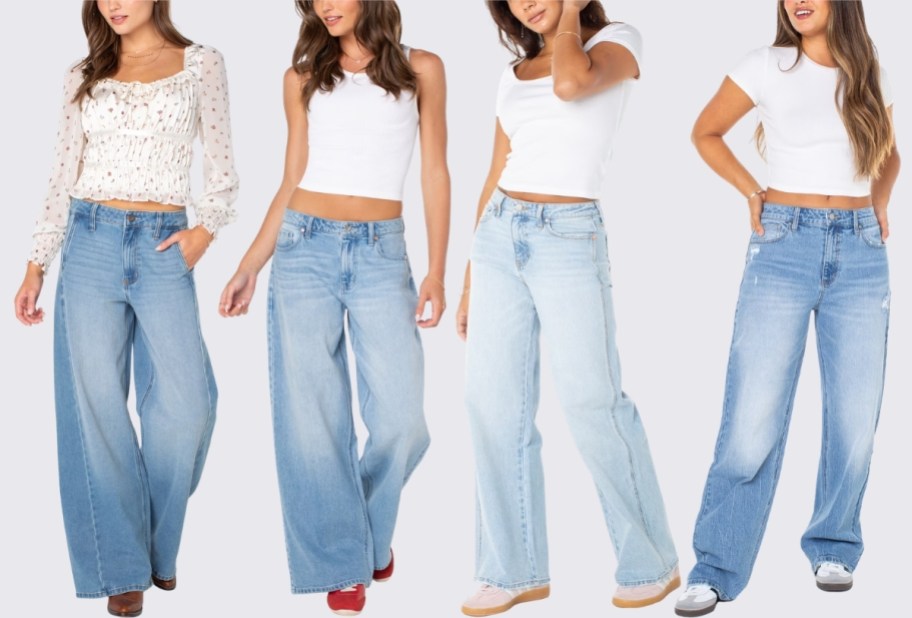 four womens in wide leg jeans