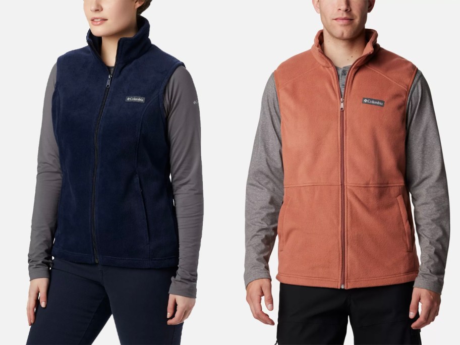 woman and man wearing navy blue and orange columbia vests