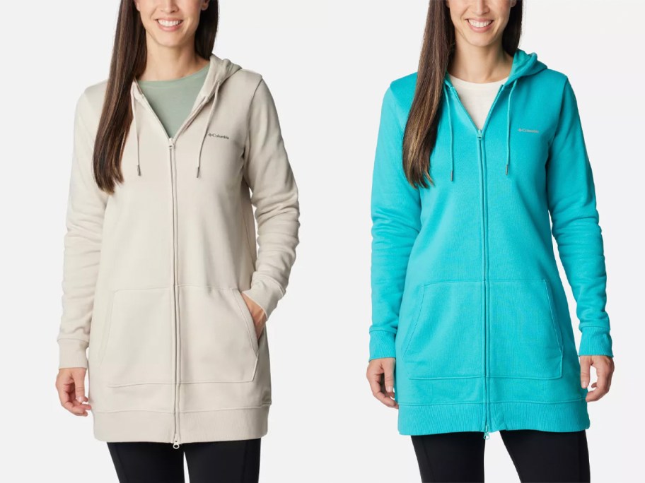 two women wearing beige and teal columbia jacket 