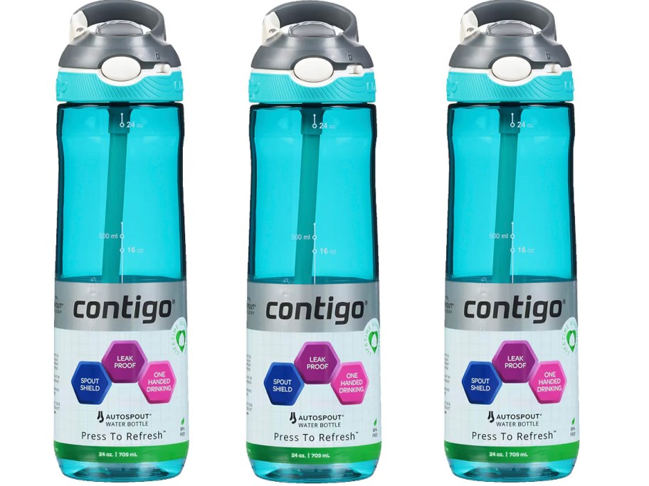 three blue contigo water bottles 