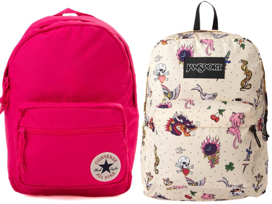 hot pink Converse backpack and an off white with tattoo designs Jansport backpack