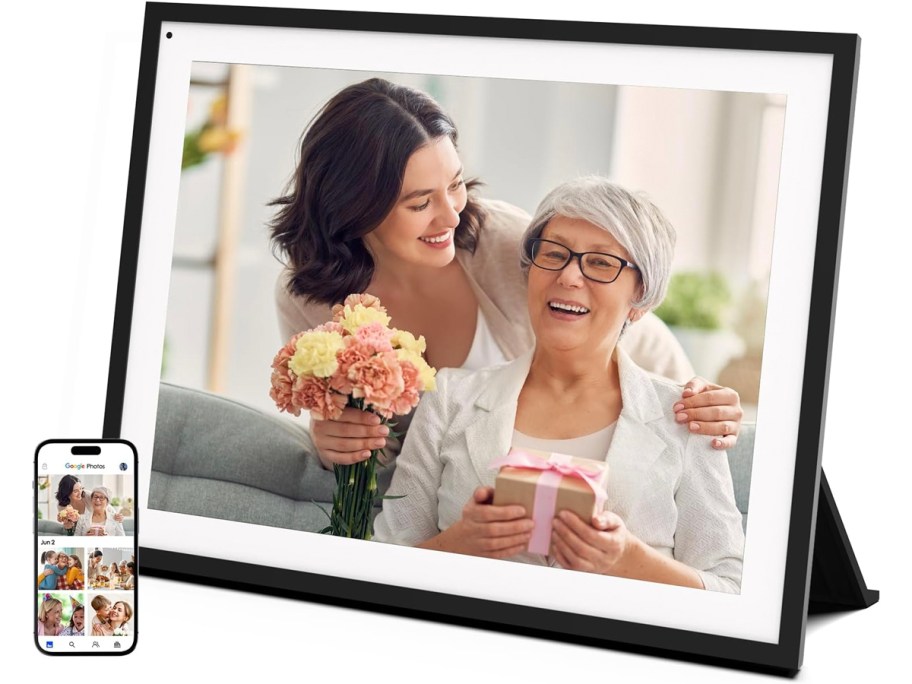 black framed digital frame with mom and daughter 