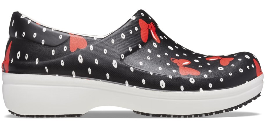 Crocs women's Minnie Mouse slip in shoe black with white polka dots and red bows