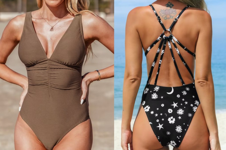 brown and black one piece swimsuits