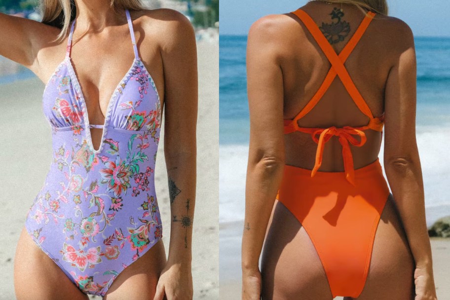 lavender floral and orange strappy one pice swimsuit