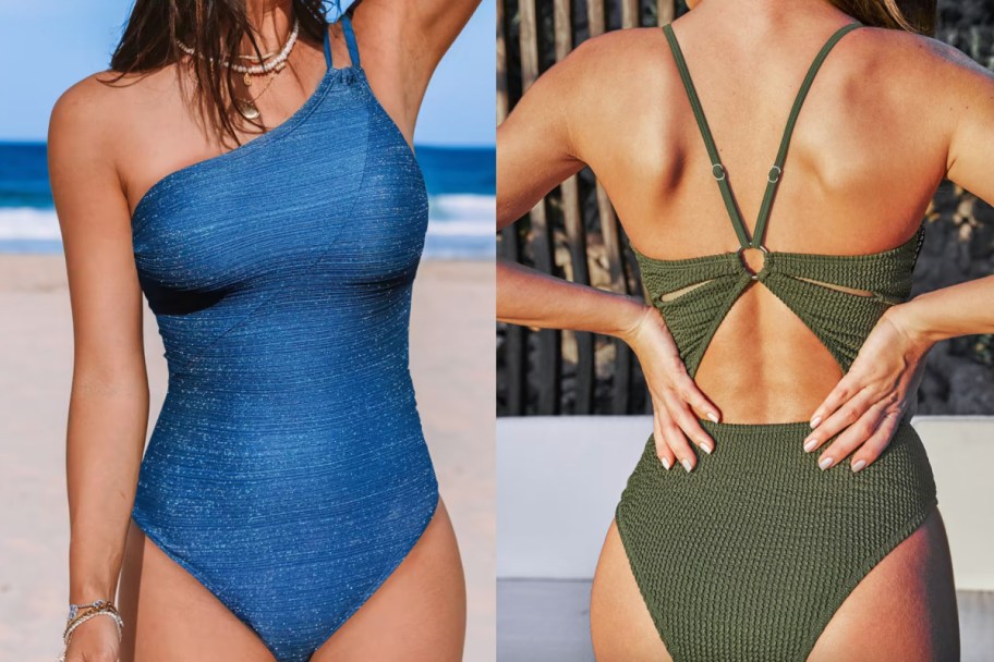 blue one shoulder and green strappy back swimsuit