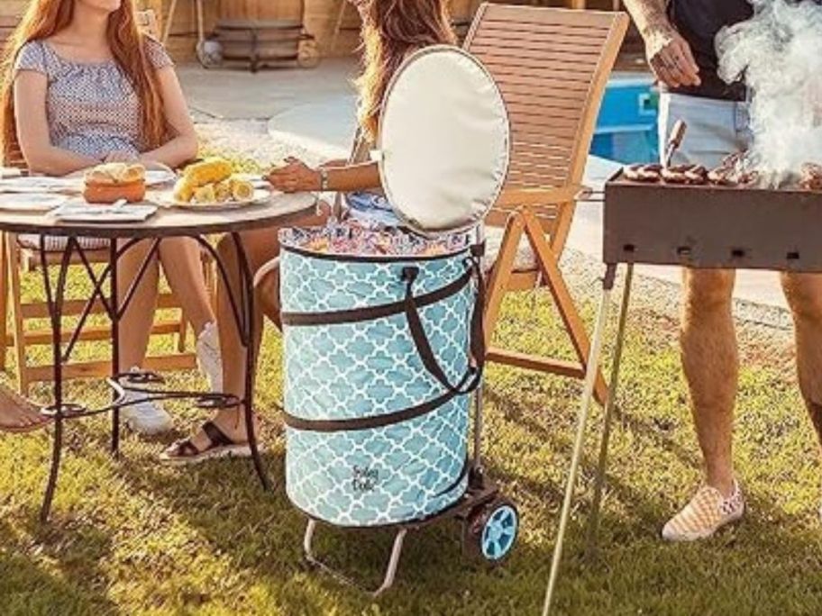 dbest products Bigger Cooler Trolley Dolly Folding Cooler at barbeque