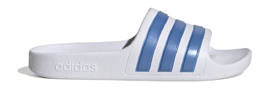 white and blue adidas slides