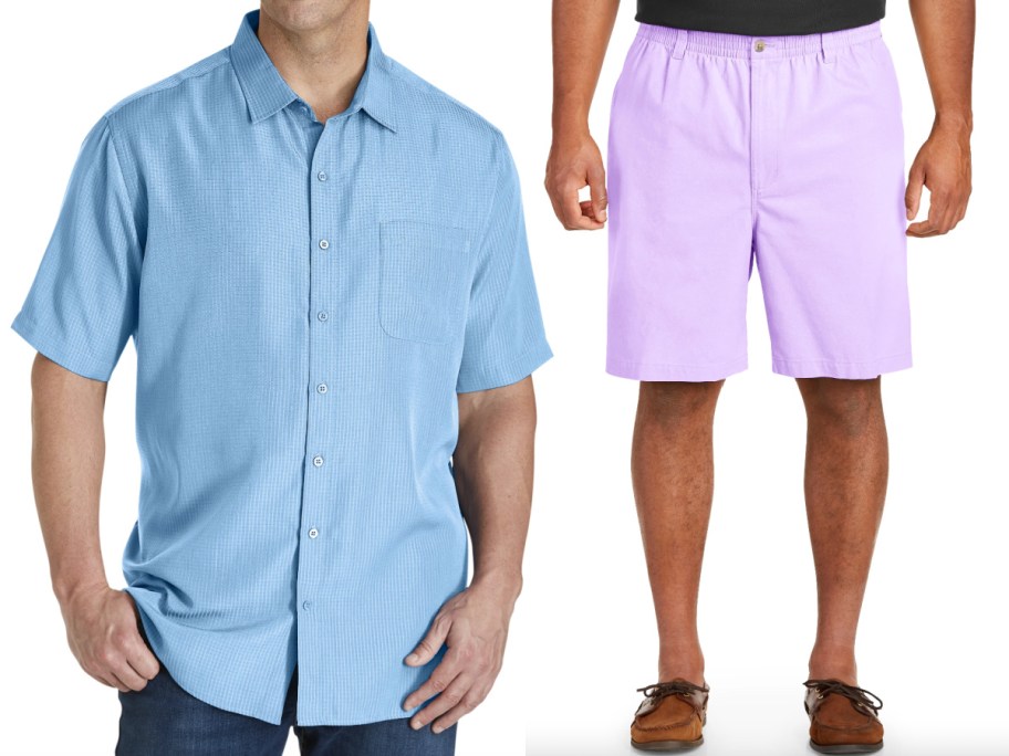 blue shirt and purple shorts