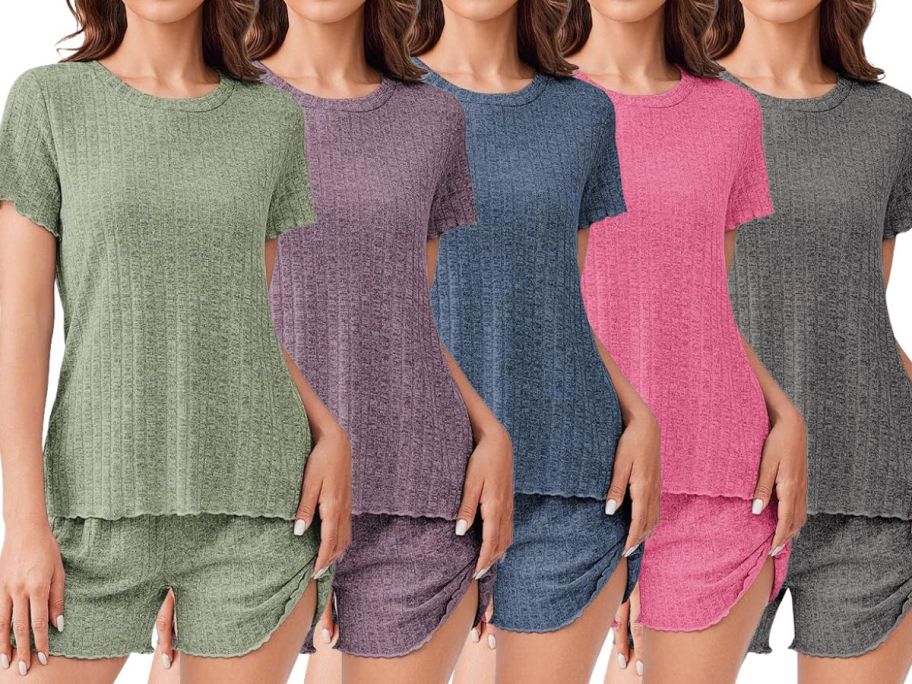 models wearing knit shorts pajama sets