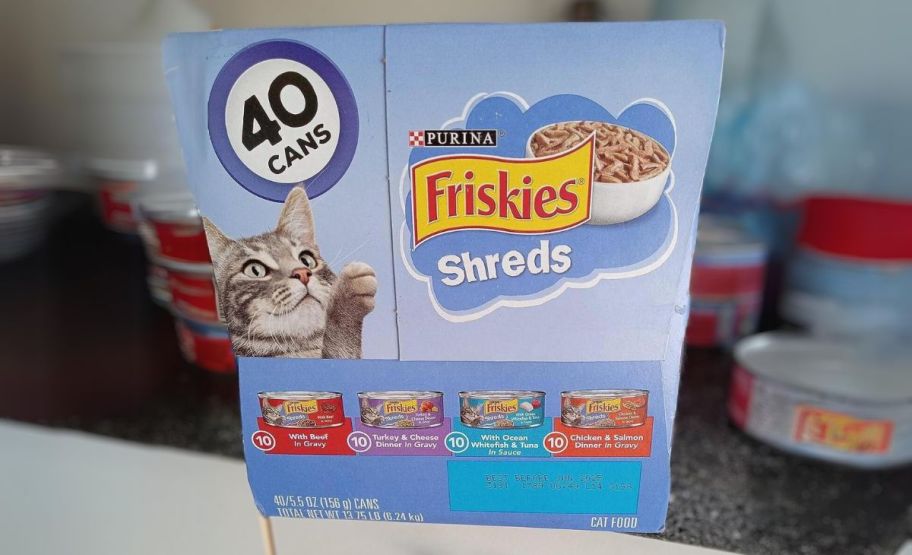 a 40 count box of canned cat food on a kitchen counter