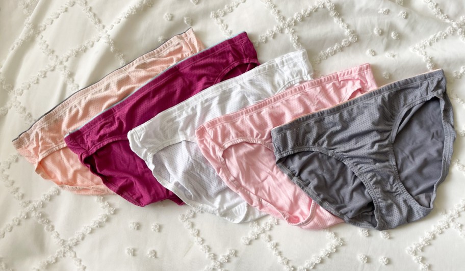 Women's underwear is lined up.