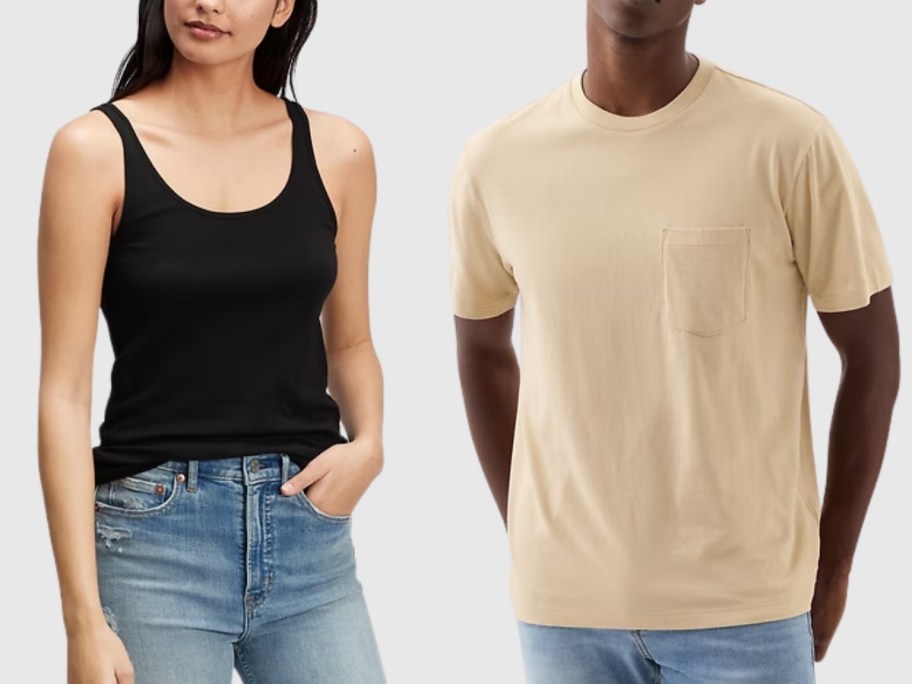 woman wearing a black tank top and jeans next to a man wearing a tan tshirt and jeans
