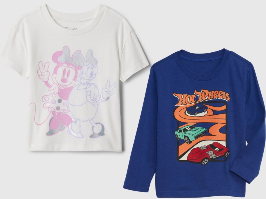 kid's off white tshirt with Minnie Moues and long sleeve blue shirt with Hot Wheels