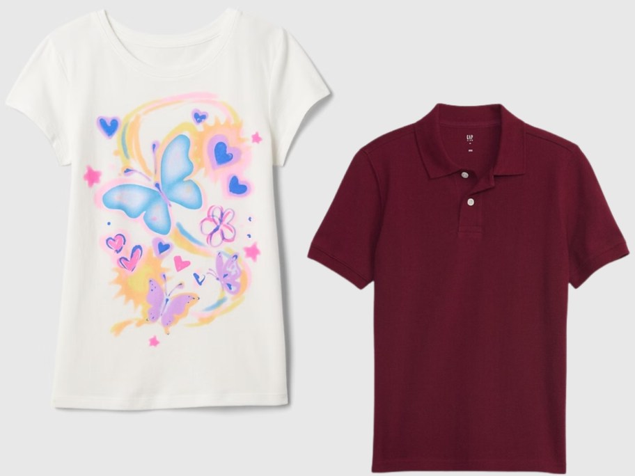 off white tshirt with butterflies and flowers next to a burgundy polo shirt