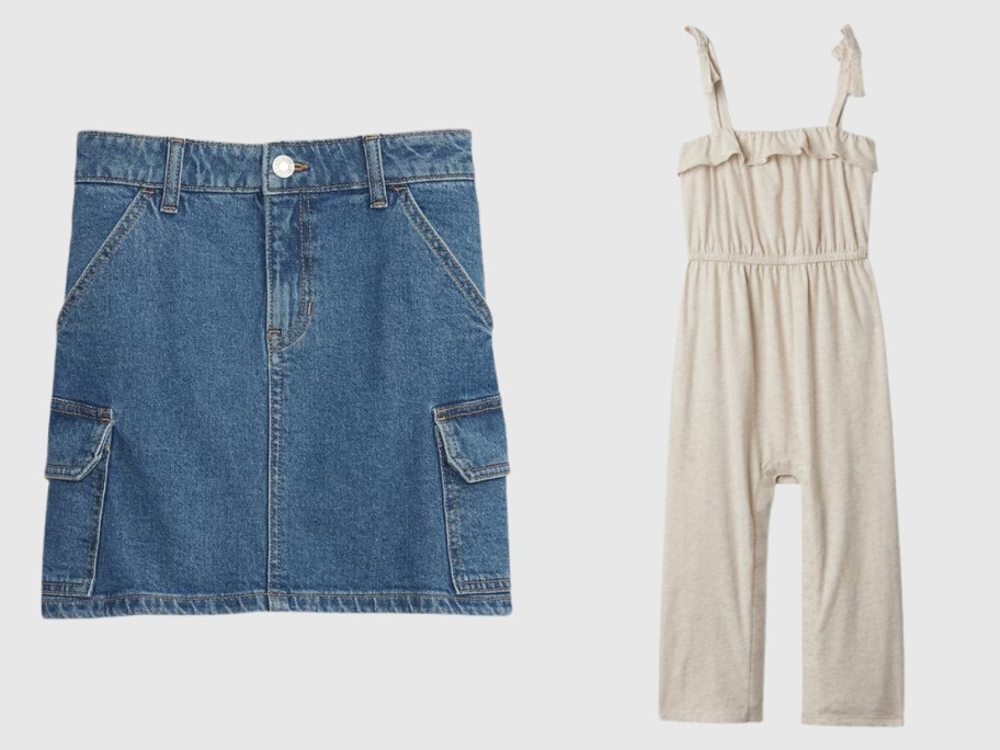 girl's blue jean skirt and toddler tan jumpsuit