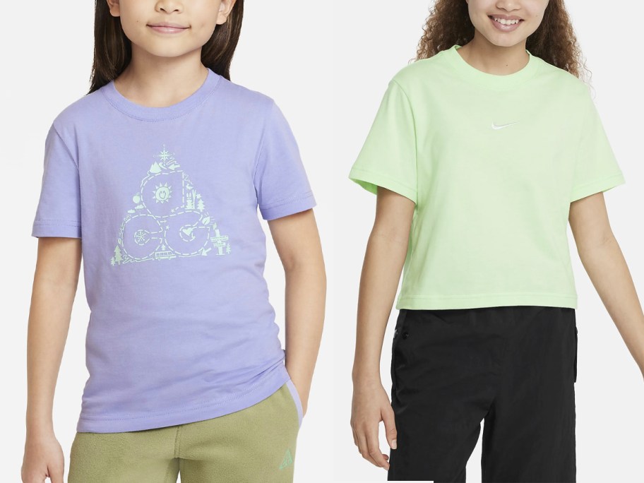 two girls wearing purple and lime green shirts