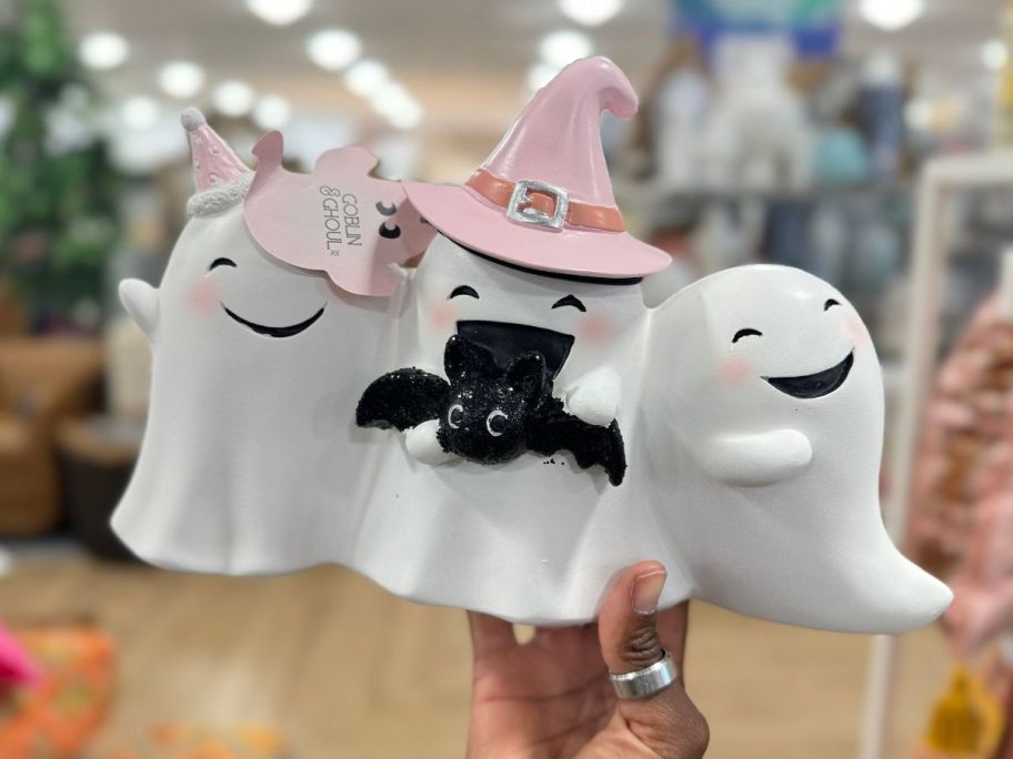 ceramic ghost trio with pink witch hat