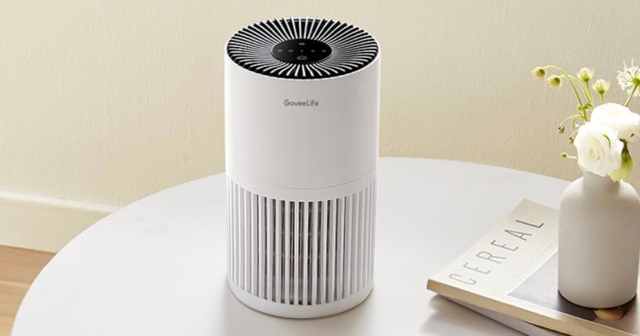 white govee air purifier on table with flowers
