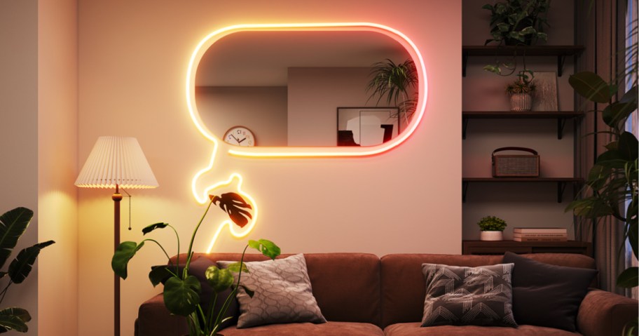 rope lights around mirror in word bubble shape