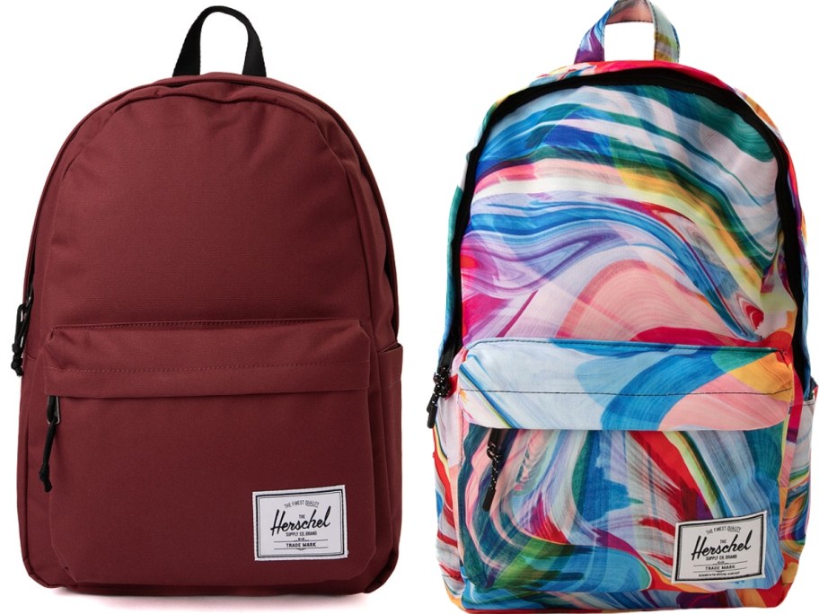 wine color and multi-color swirl Herschel Supply Co. backpacks