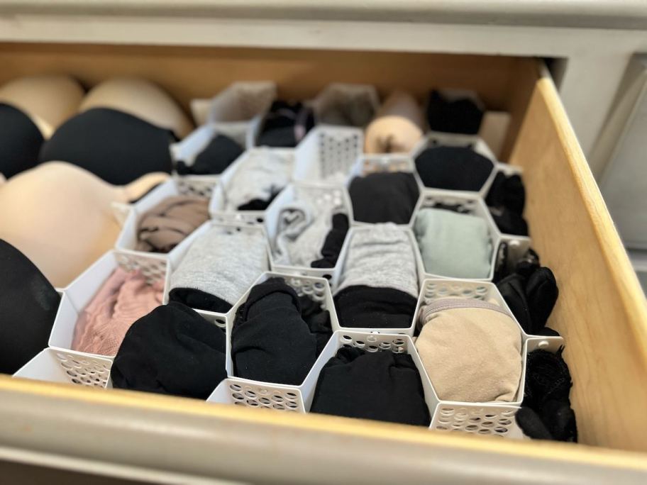 close up of honeycomb drawer organizer