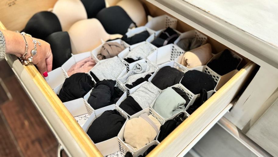 close up of intimates drawer with honeycomb drawer organizer